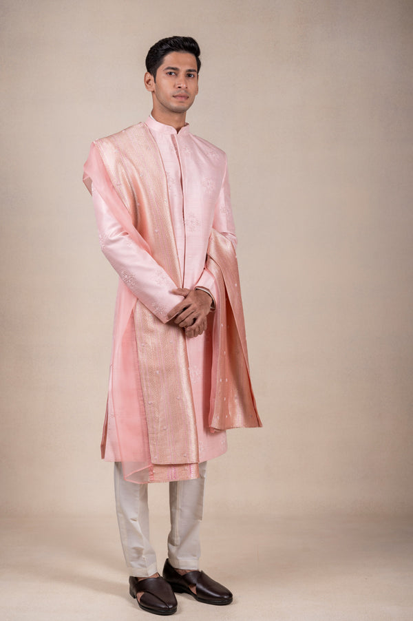 Light Pink Sherwani with Brocade Khes