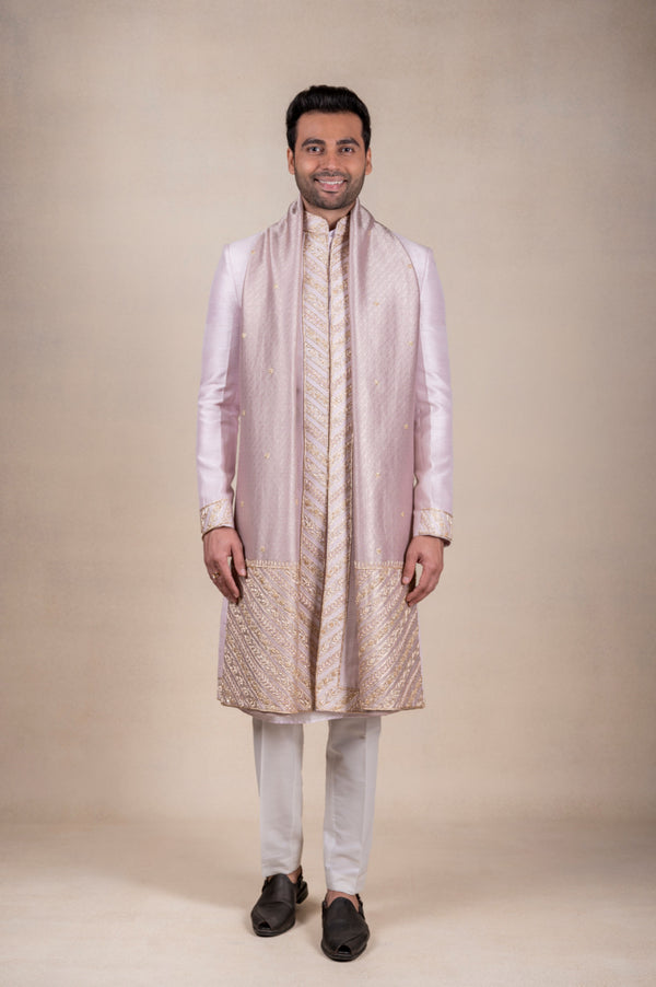 Lilac Sherwani with Brocade Khes