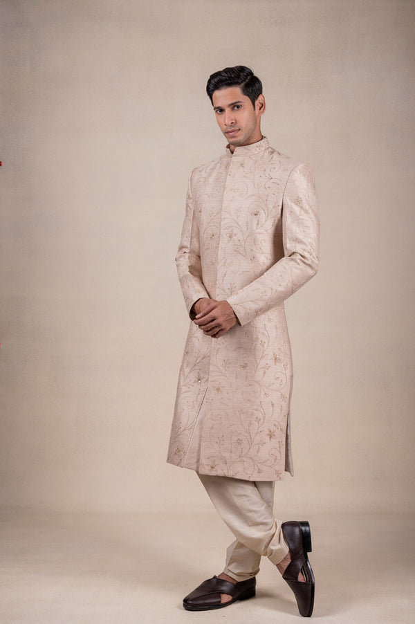 Beige Floral Sherwani