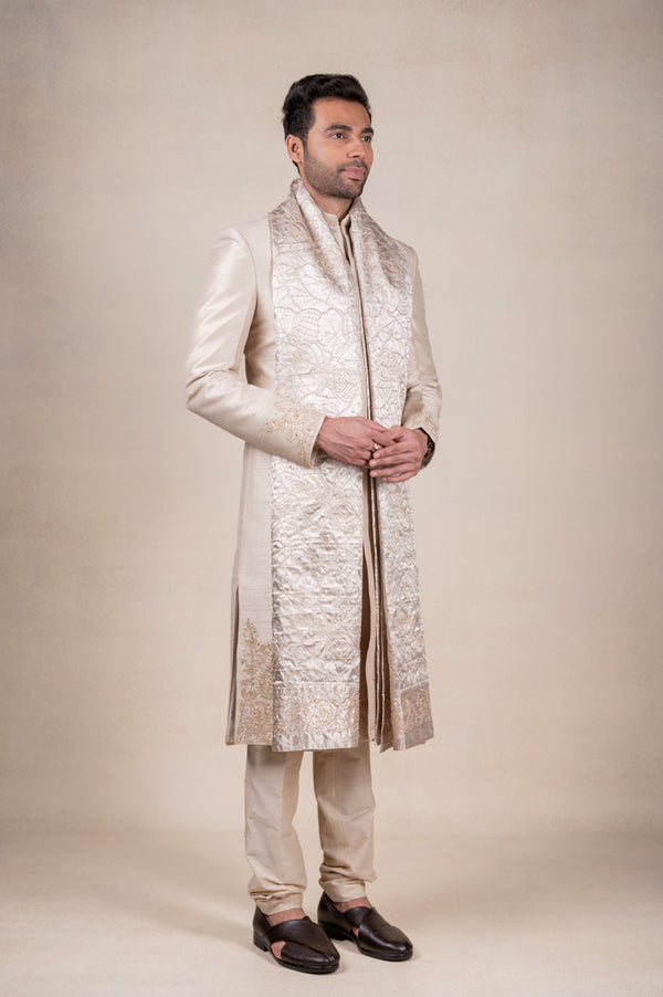 Light Beige Sherwani with Tissue Khes