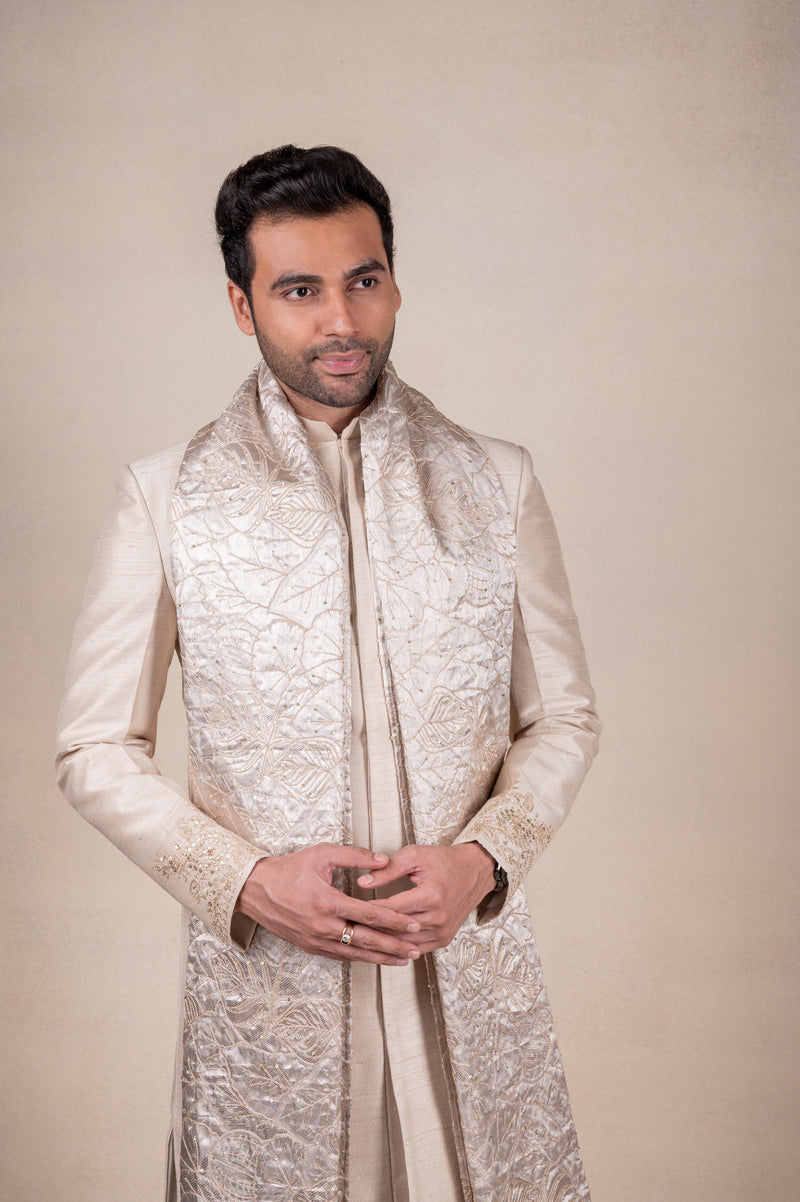 Light Beige Sherwani with Tissue Khes