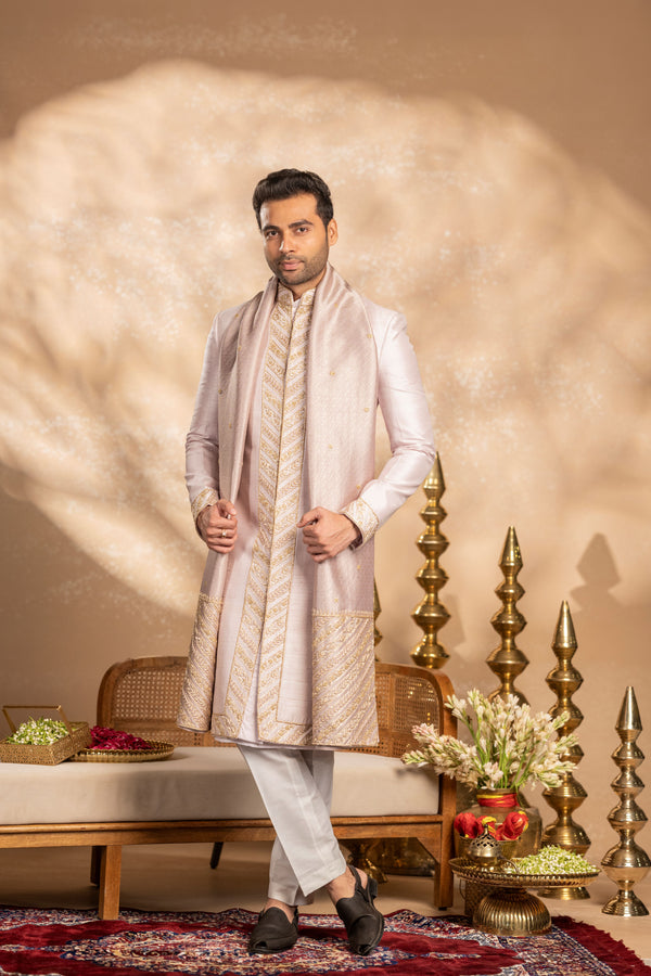 Lilac Sherwani with Brocade Khes