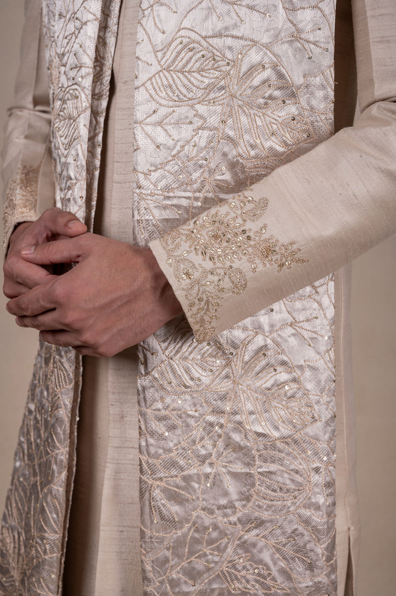 Light Beige Sherwani with Tissue Khes