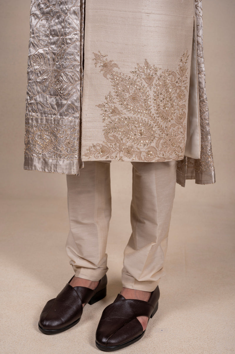 Light Beige Sherwani with Tissue Khes