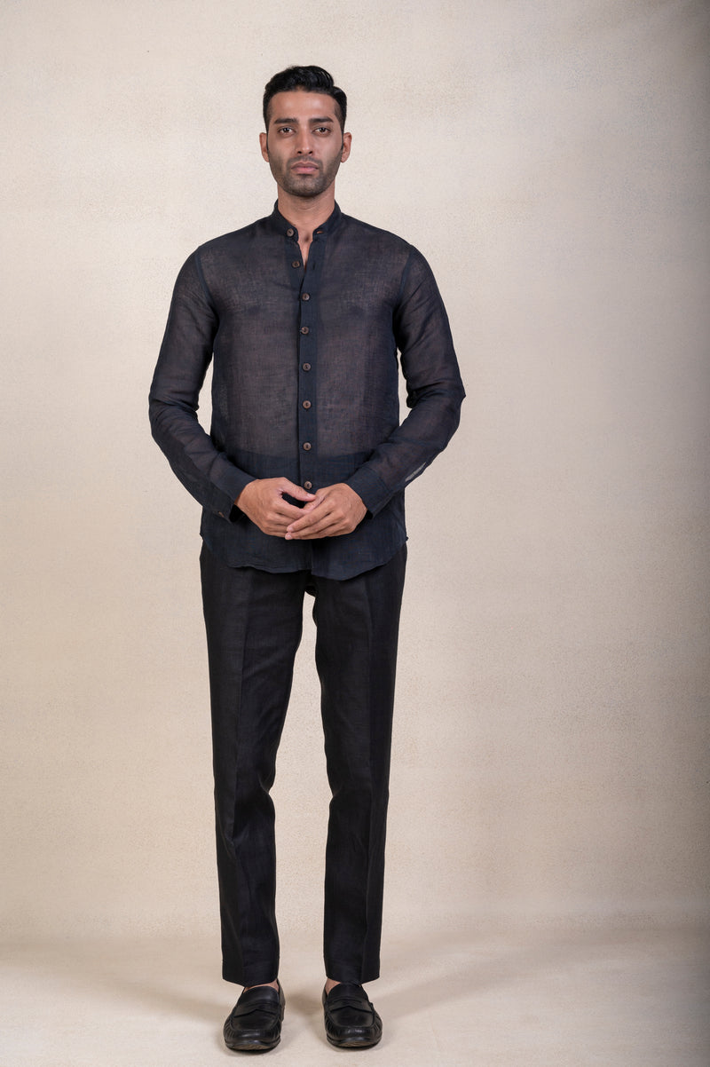 Black Linen Embroidered Shirt