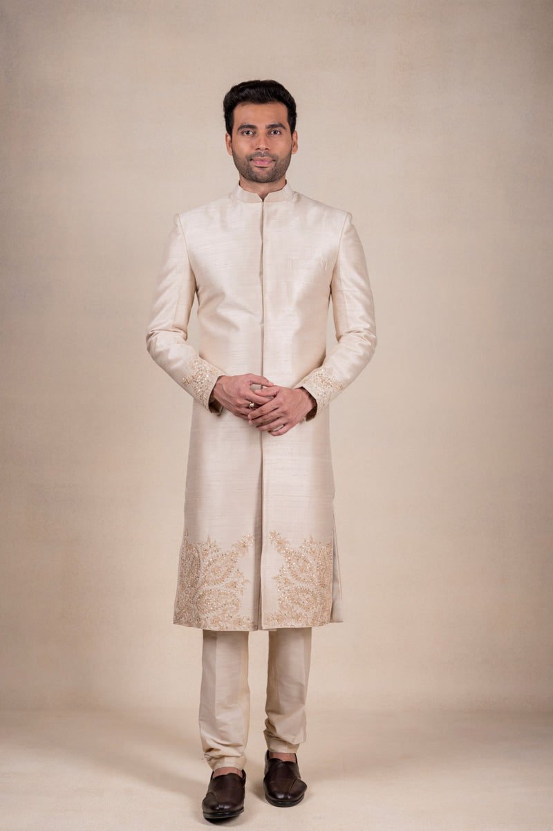 Light Beige Sherwani with Tissue Khes