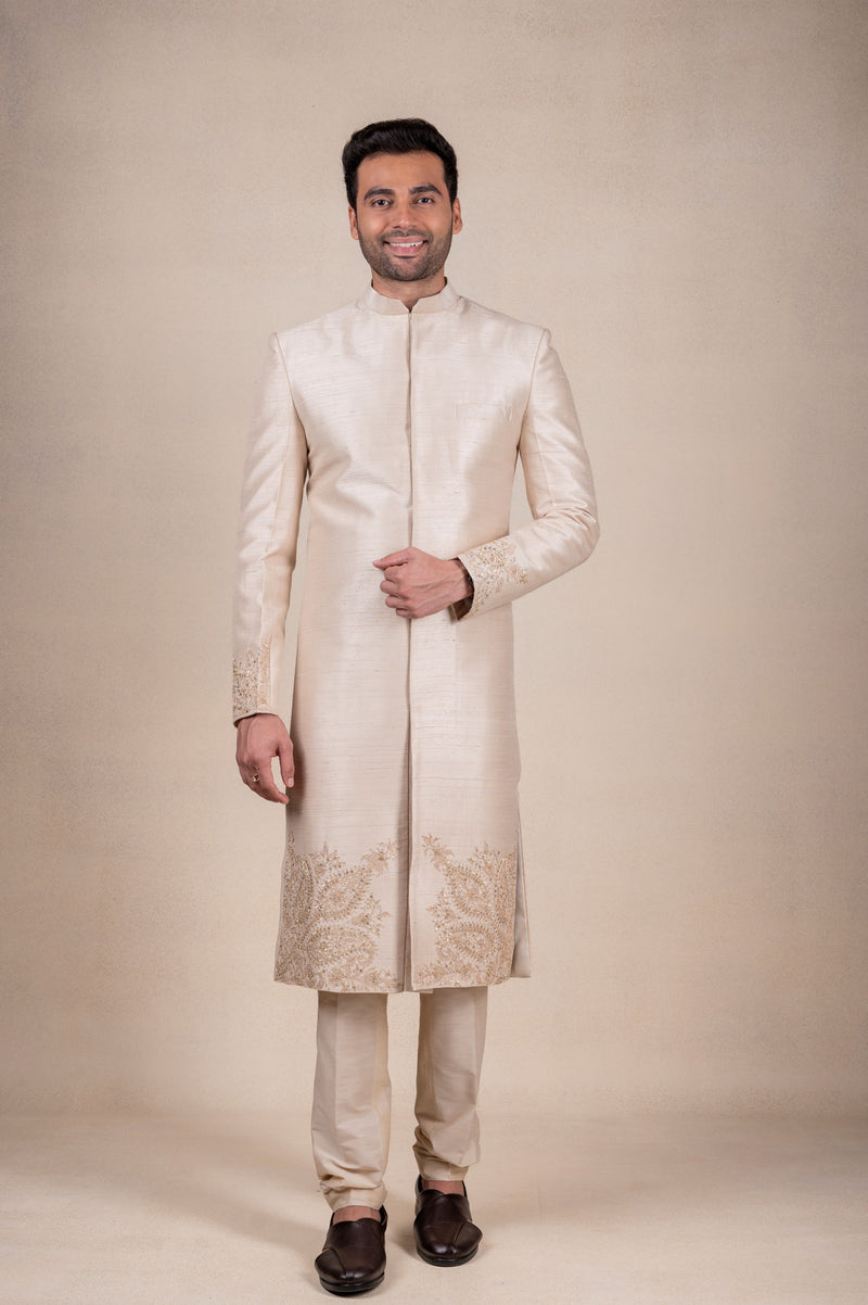 Light Beige Sherwani with Tissue Khes