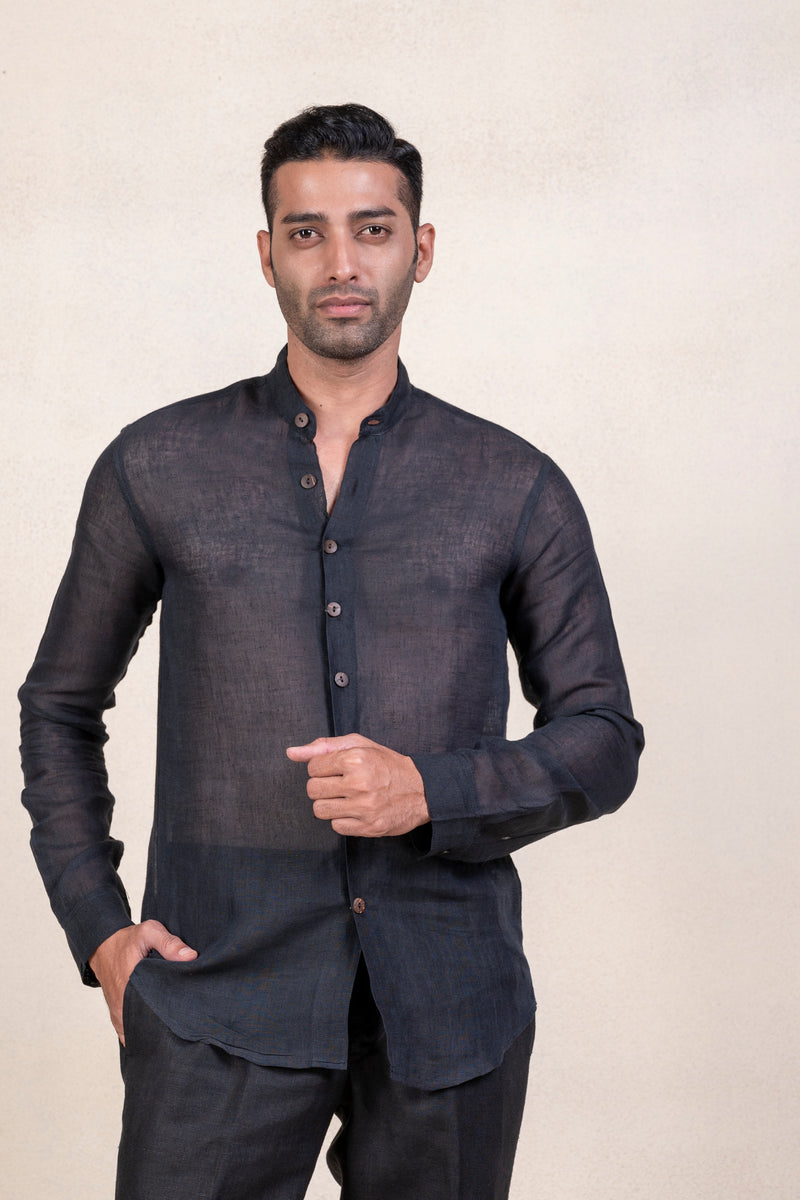 Black Linen Embroidered Shirt