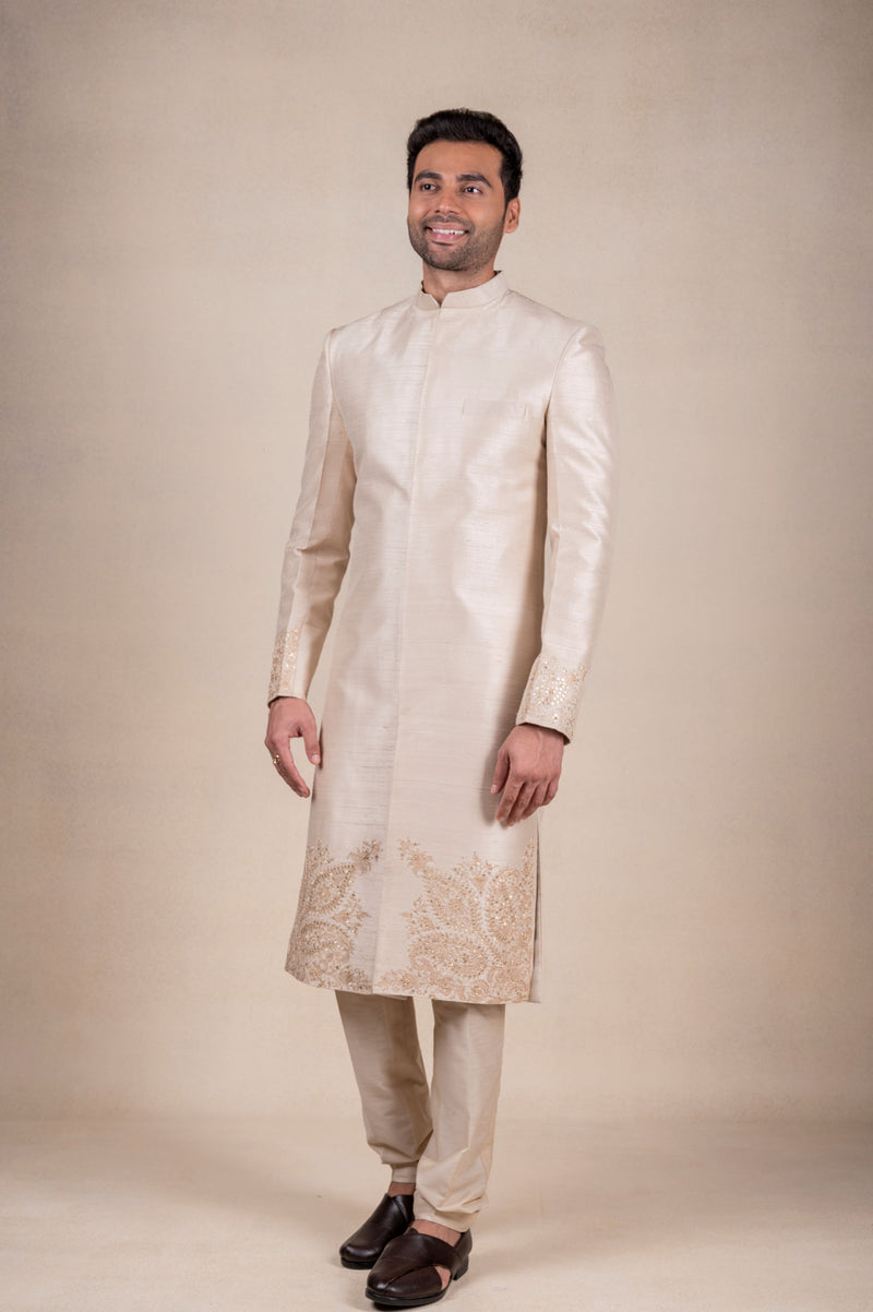 Light Beige Sherwani with Tissue Khes