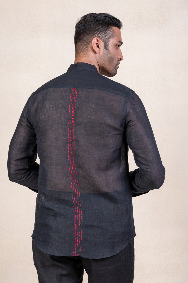 Black Linen Embroidered Shirt