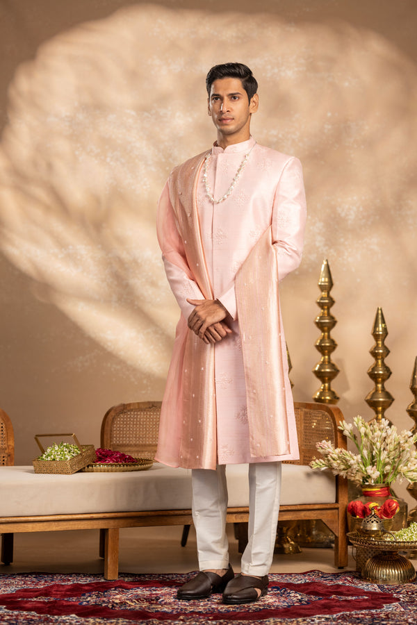 Light Pink Sherwani with Brocade Khes