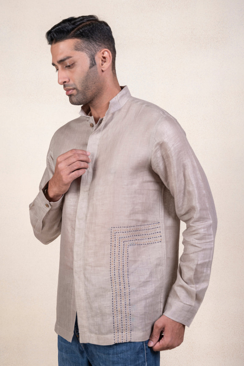 Grey Linen Embroidered Shirt