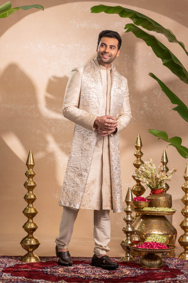 Light Beige Sherwani with Tissue Khes