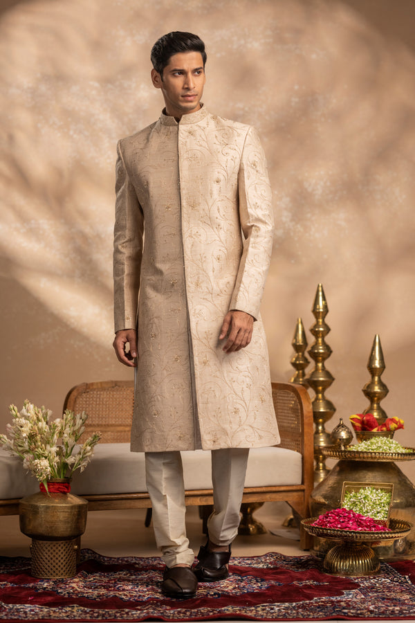 Beige Floral Sherwani