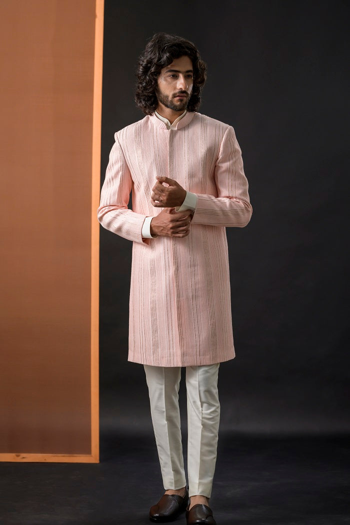 Light Pink Pintucks Short Sherwani