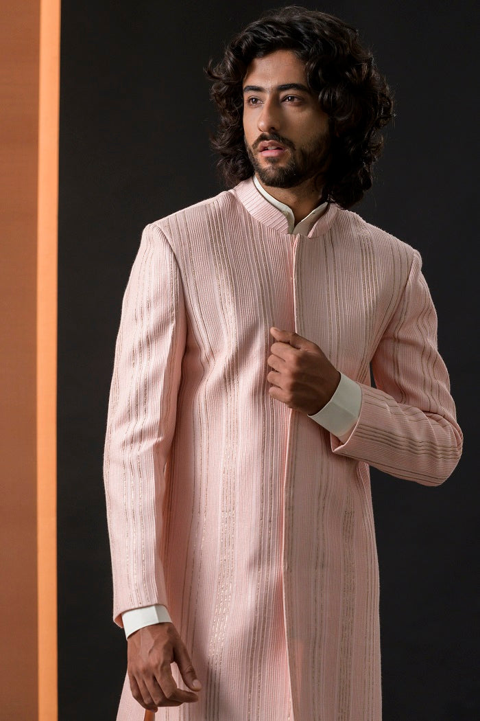 Light Pink Pintucks Short Sherwani