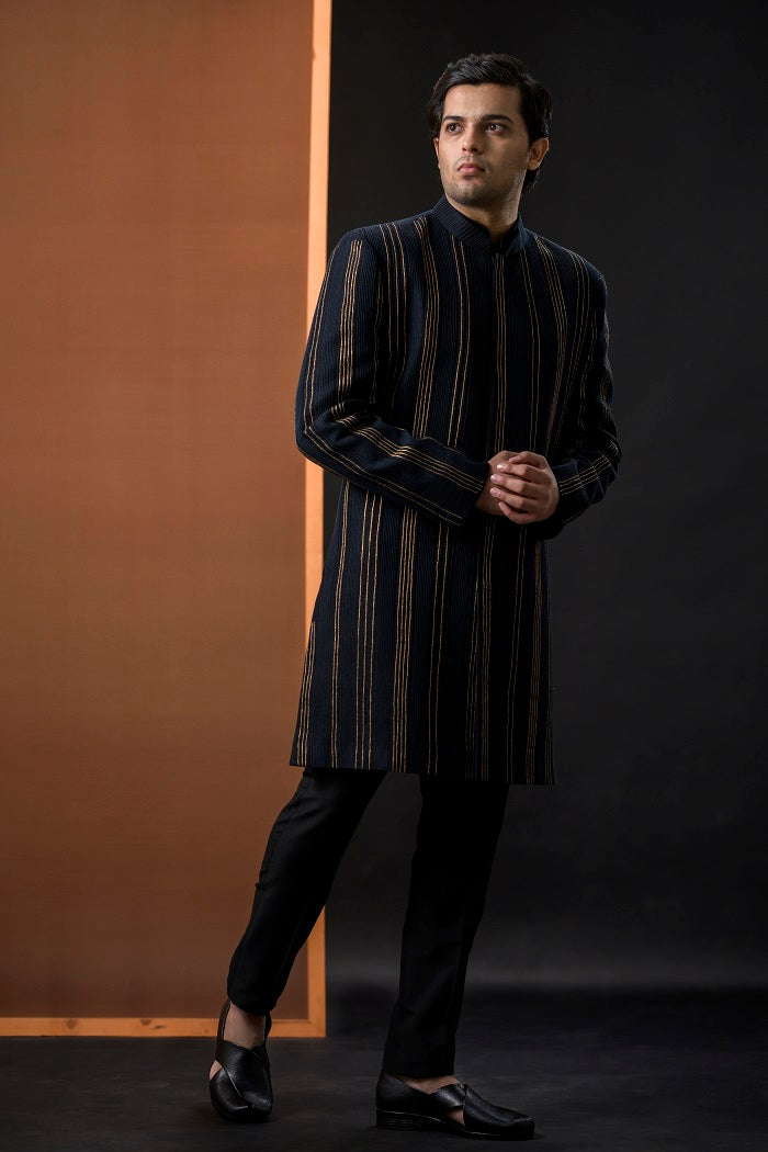 Black Pintucks Short Sherwani