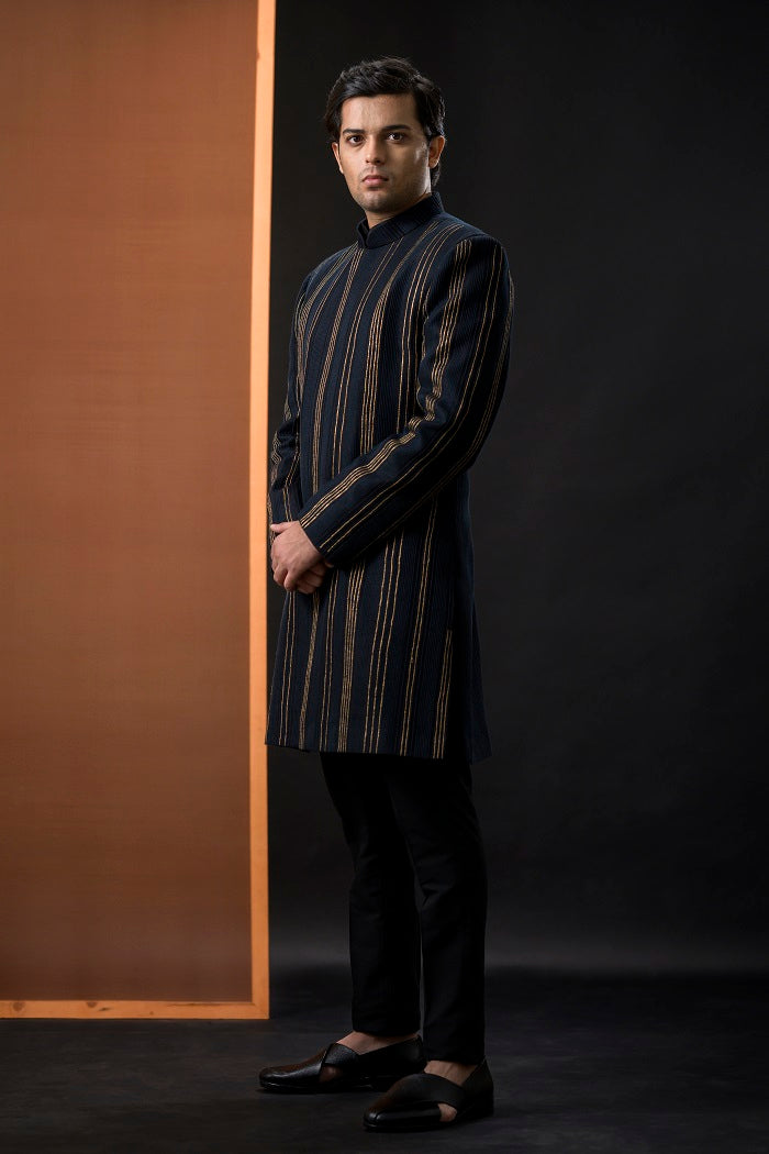 Black Pintucks Short Sherwani