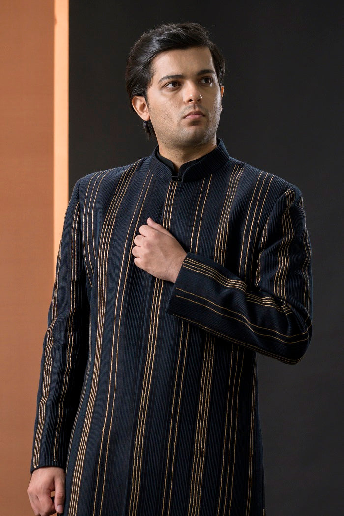 Black Pintucks Short Sherwani