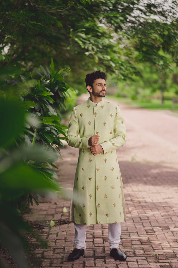 Pastel Green Leaf Motif Sherwani