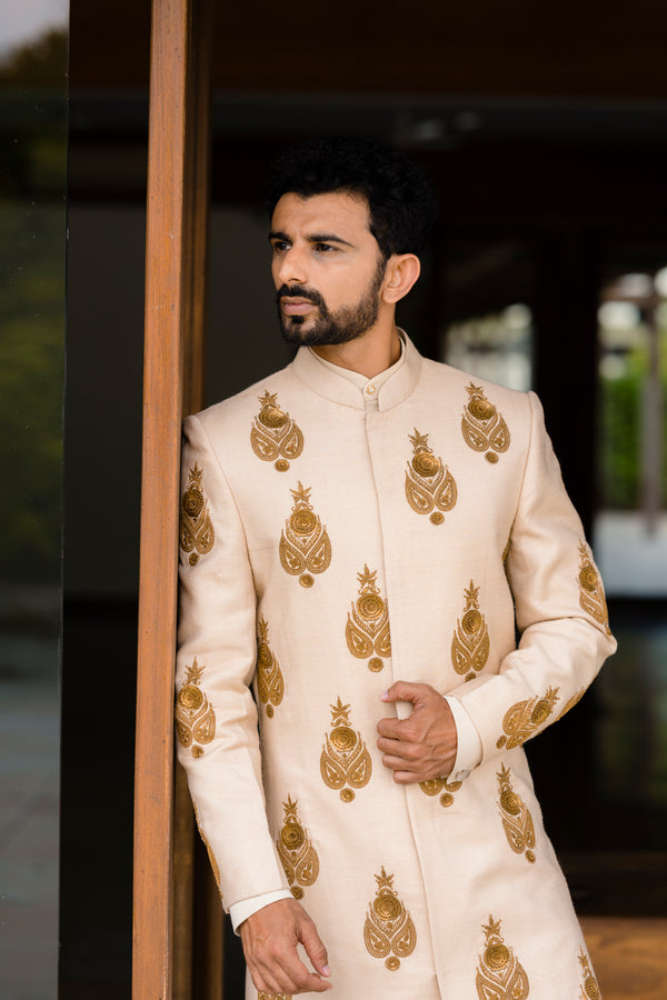 Beige Chaandbaali Motif Sherwani