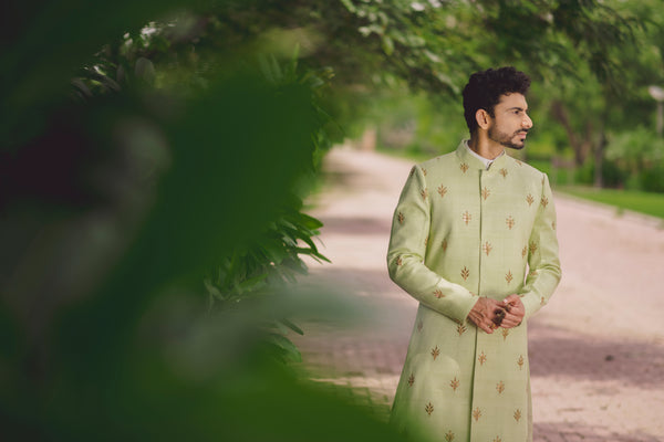 Pastel Green Leaf Motif Sherwani