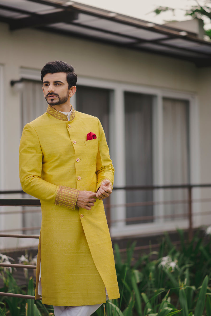 Bright Yellow Geometric Border Sherwani