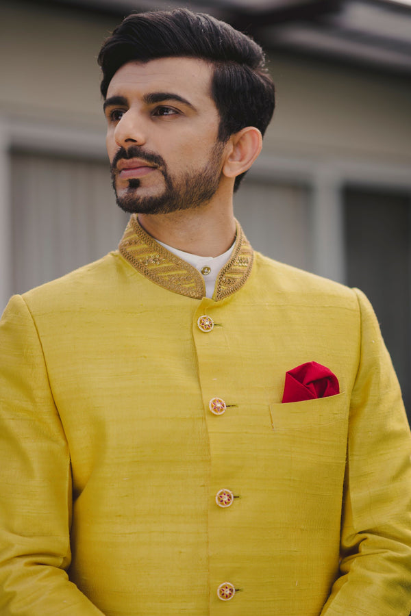 Bright Yellow Geometric Border Sherwani