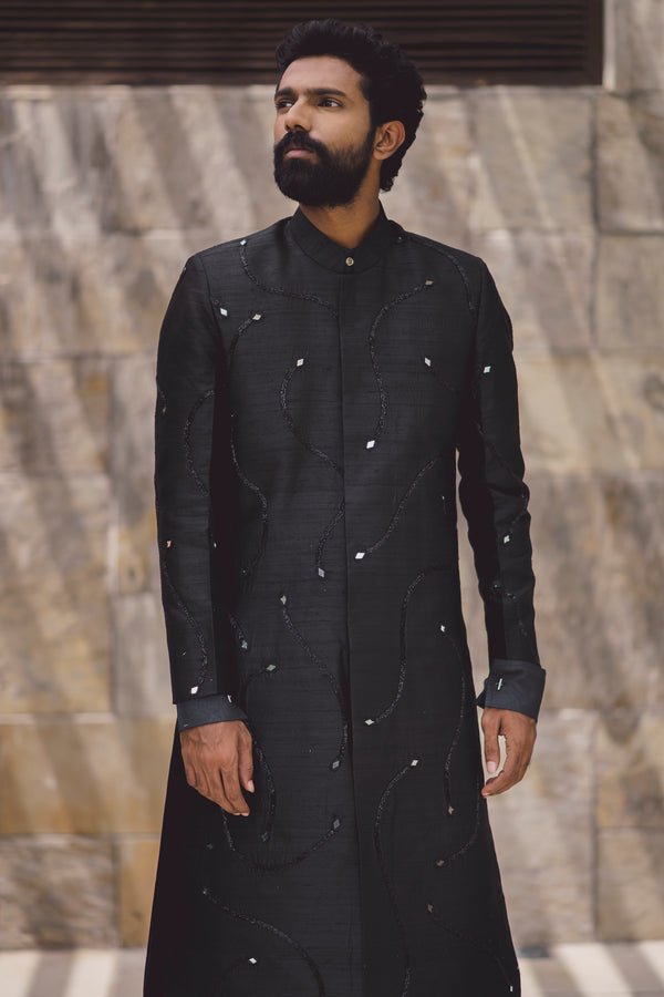 Black Abstract Lines Sherwani