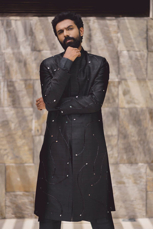 Black Abstract Lines Sherwani