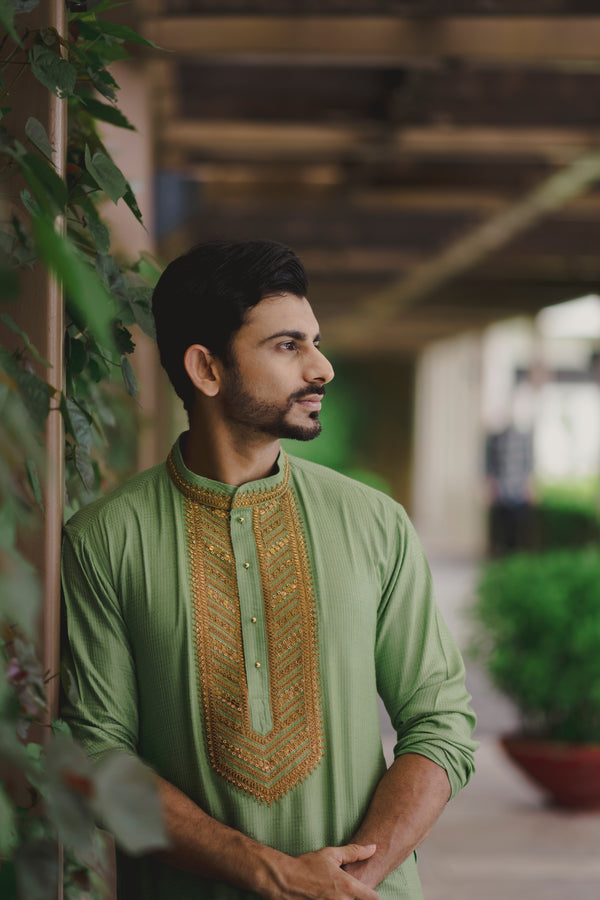 Pista Green Highlighted Yoke Kurta