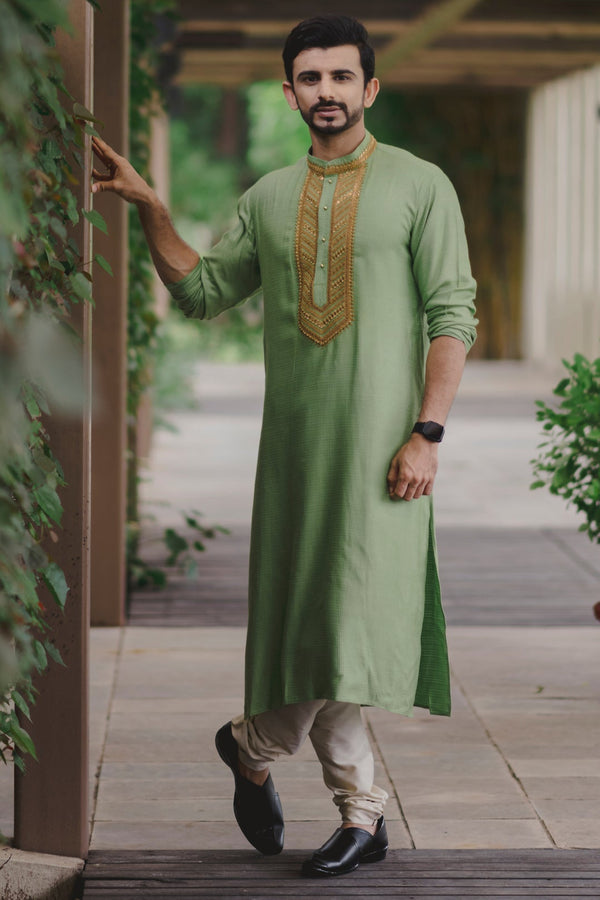 Pista Green Highlighted Yoke Kurta