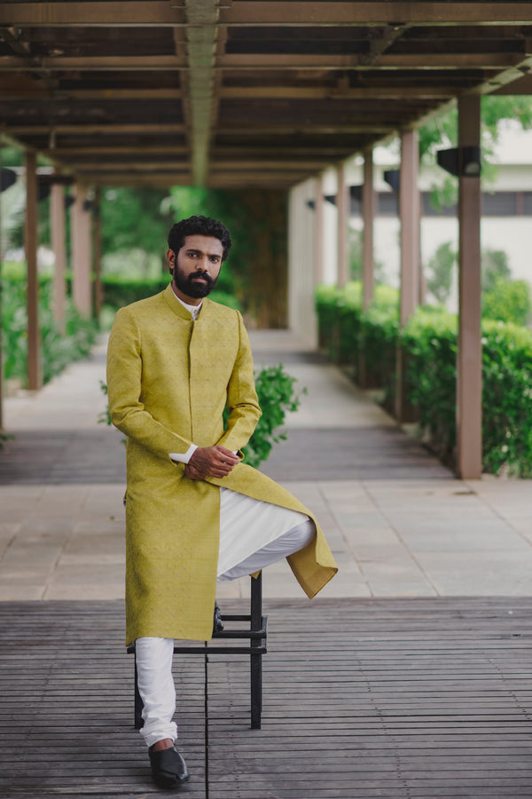 Pastel Yellow Aari Thread Sherwani