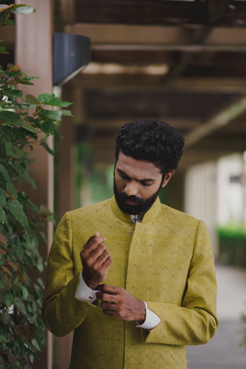 Pastel Yellow Aari Thread Sherwani