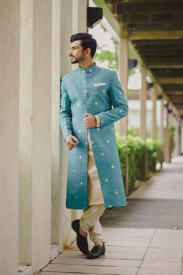 Turquoise Brocade Sherwani