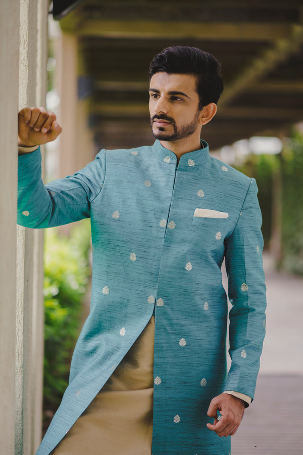 Turquoise Brocade Sherwani