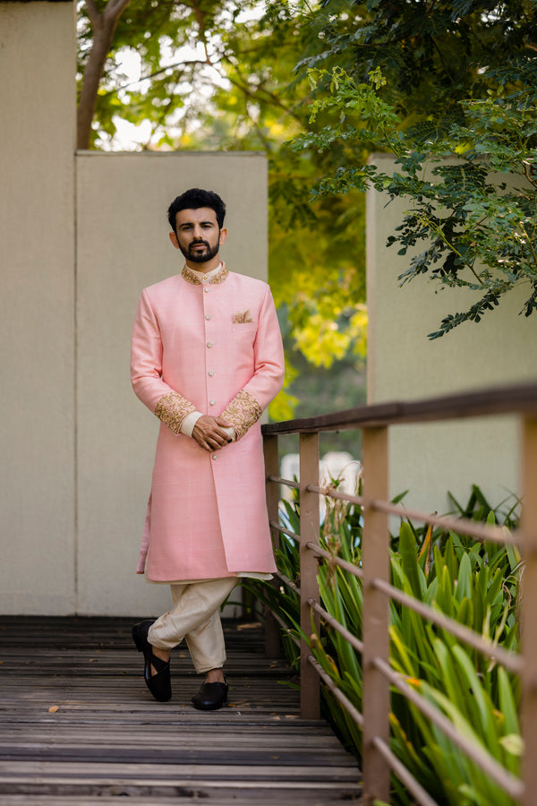 Pink Floral Highlighted Sherwani