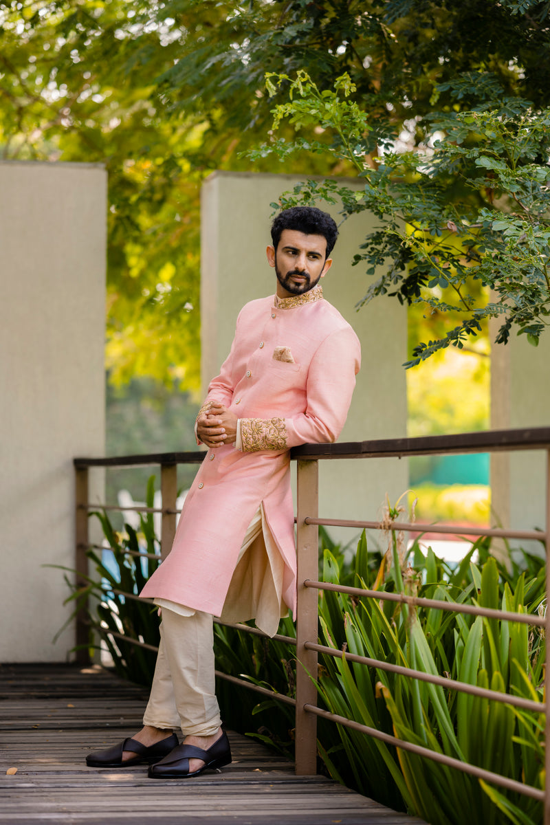 Pink Floral Highlighted Sherwani