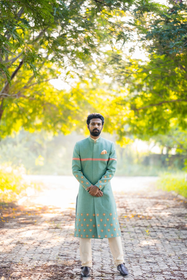 Sea green Floral Motifs Sherwani