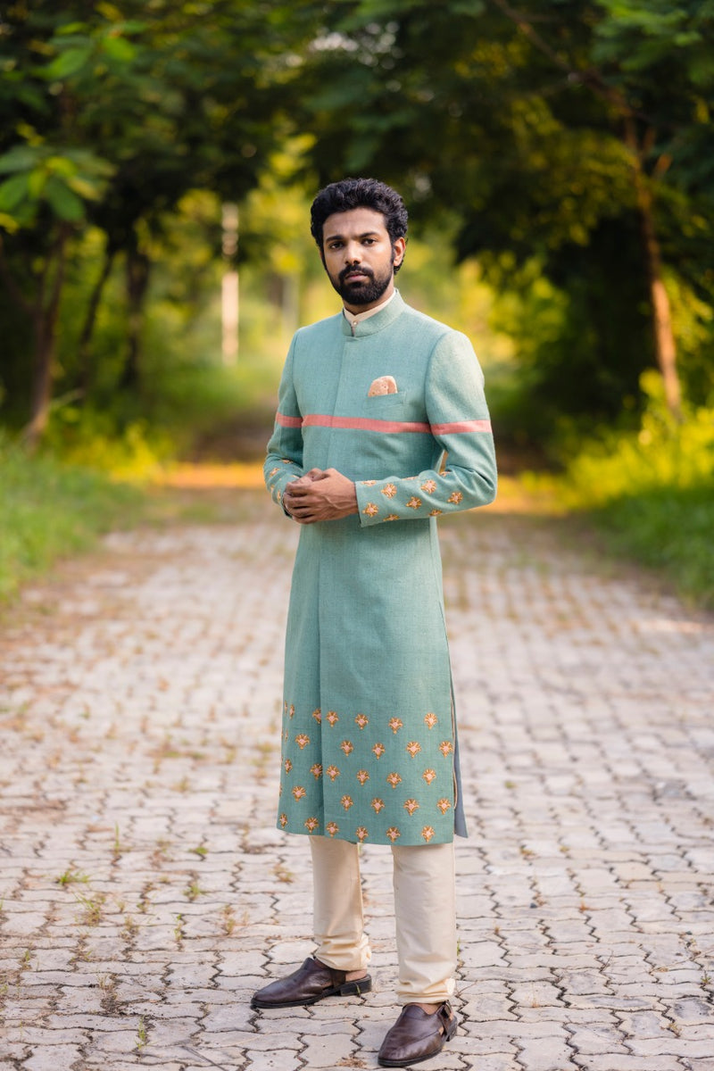 Sea green Floral Motifs Sherwani