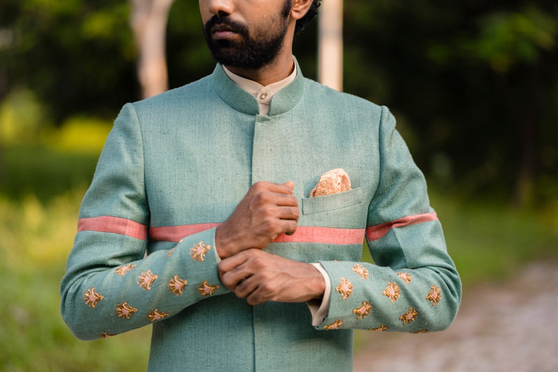 Sea green Floral Motifs Sherwani